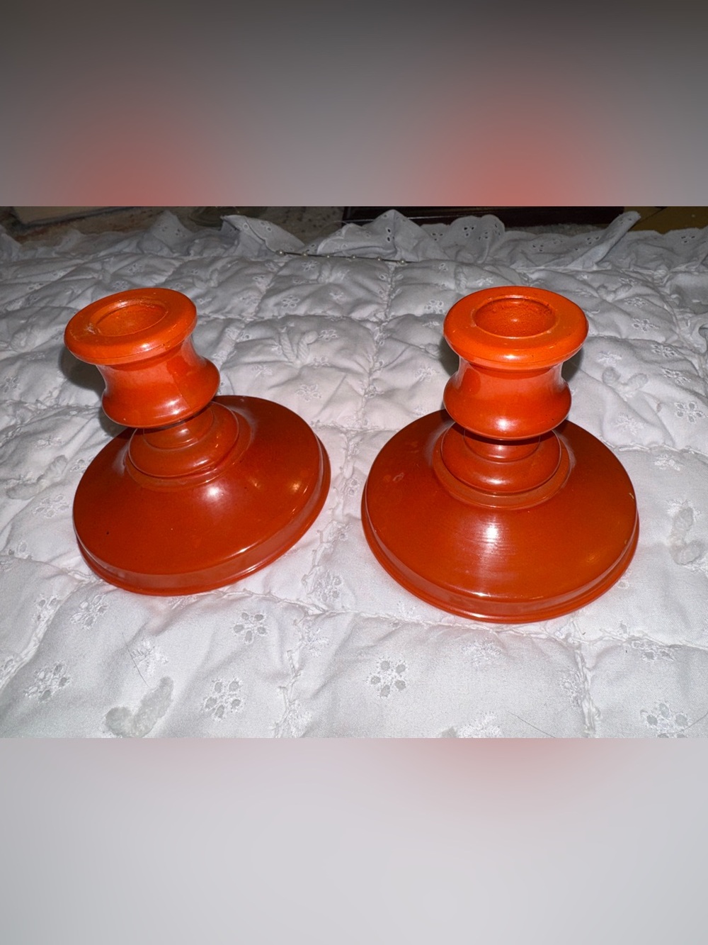 Vtg orange glass taper candle holders